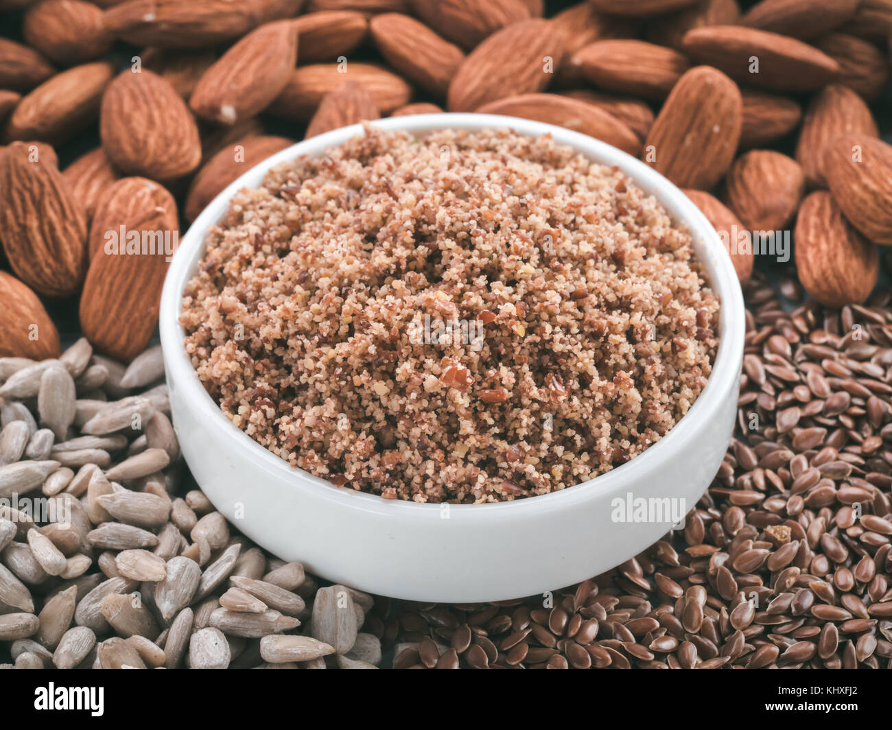 Homemade LSA mix in plate Linseed or flax seeds, Sunflower seeds and