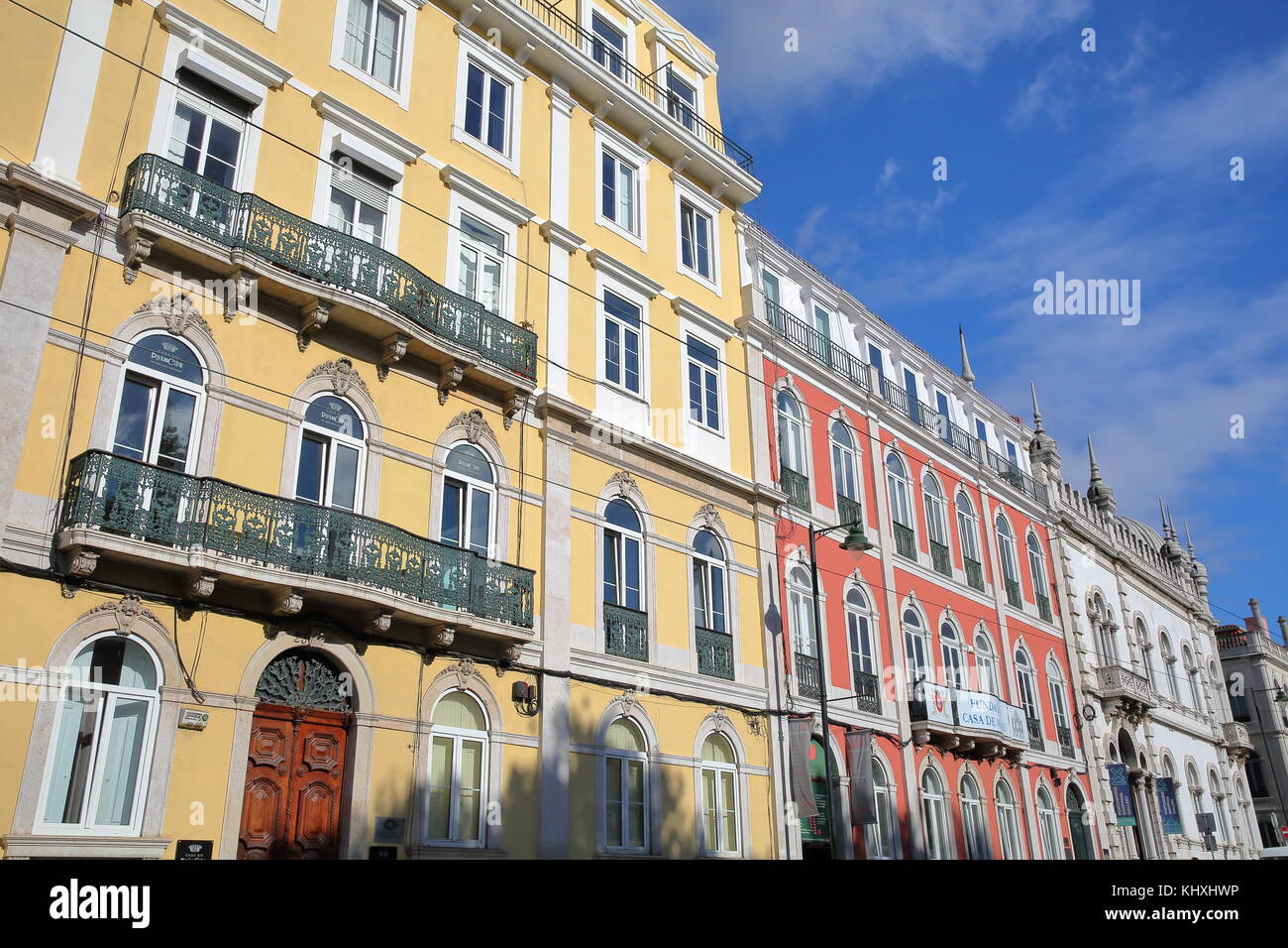 LISBON, PORTUGAL - NOVEMBER 4, 2017: Colorful facades at Principe Real square in Bairro Alto neighborhood Stock Photo