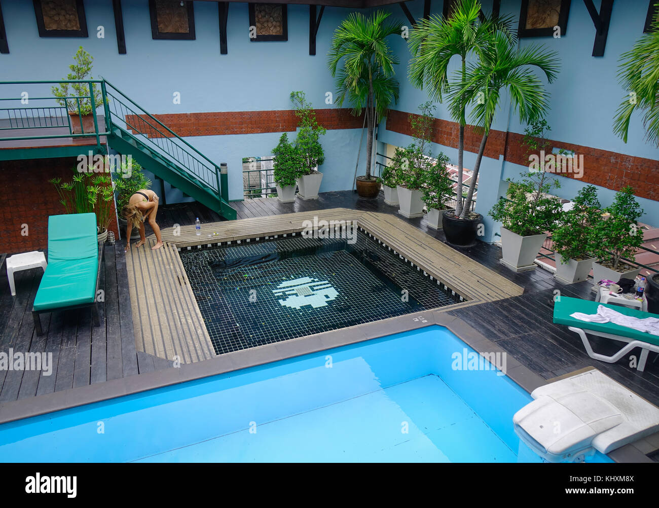 Bangkok, Thailand - Jun 18, 2017. Swimming pool of luxury modern hotel room in Bangkok, Thailand. Bangkok is the capital and largest city in Thailand. Stock Photo