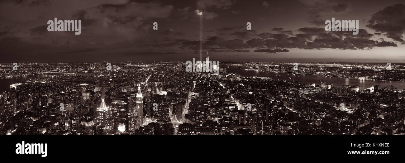 New York City downtown skyline panorama night view with September 11 ...