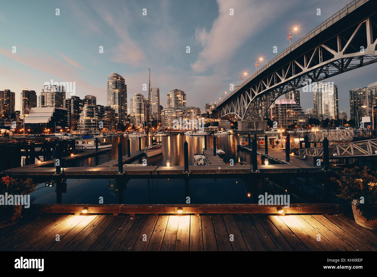 Vancouver False Creek at night with bridge and boat Stock Photo - Alamy
