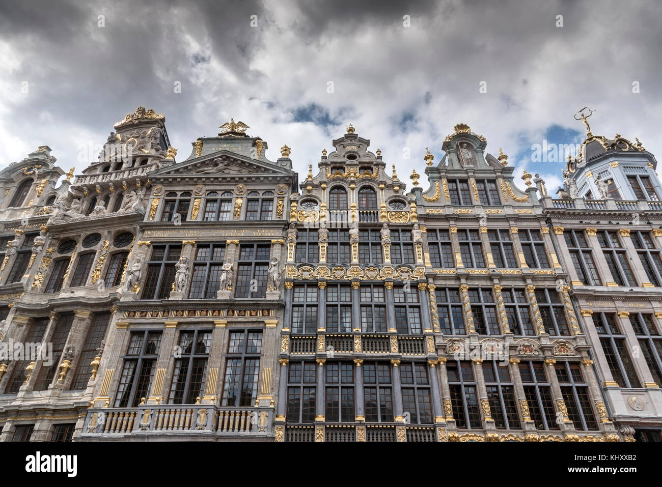 Low angle view of historic town house facades at Grand Central, Brussels, Belgium Stock Photo