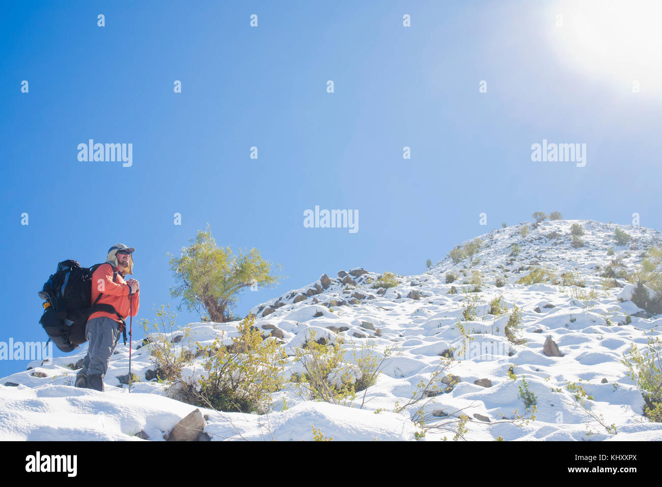 Man hiking in Los Andes mountain range, Santiago, Chile Stock Photo