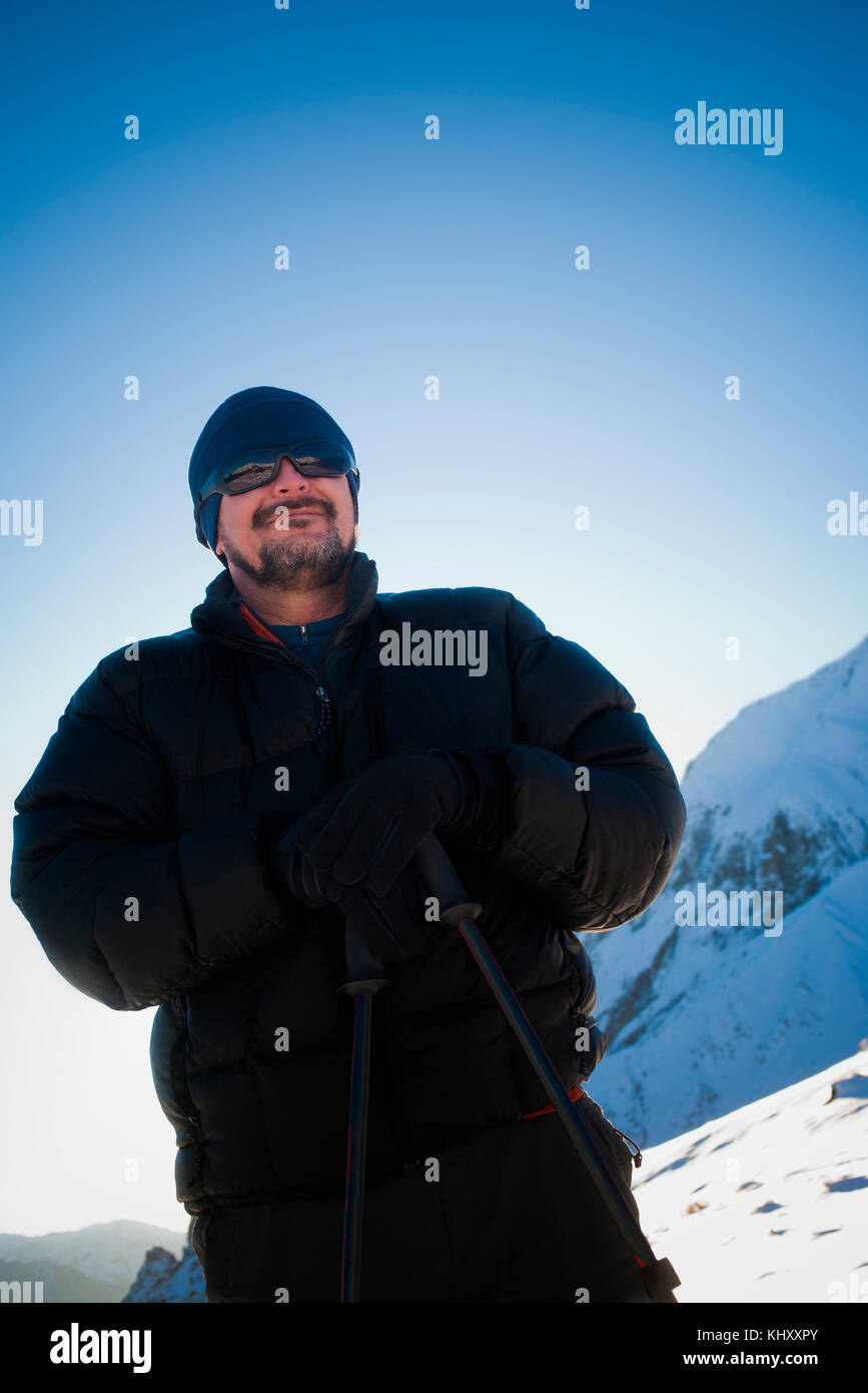 Man hiking in Los Andes mountain range, Santiago, Chile Stock Photo