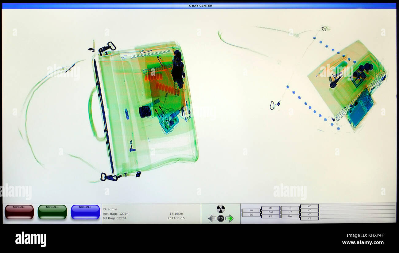 screenshot from an airport xray luggage security scanner Stock Photo