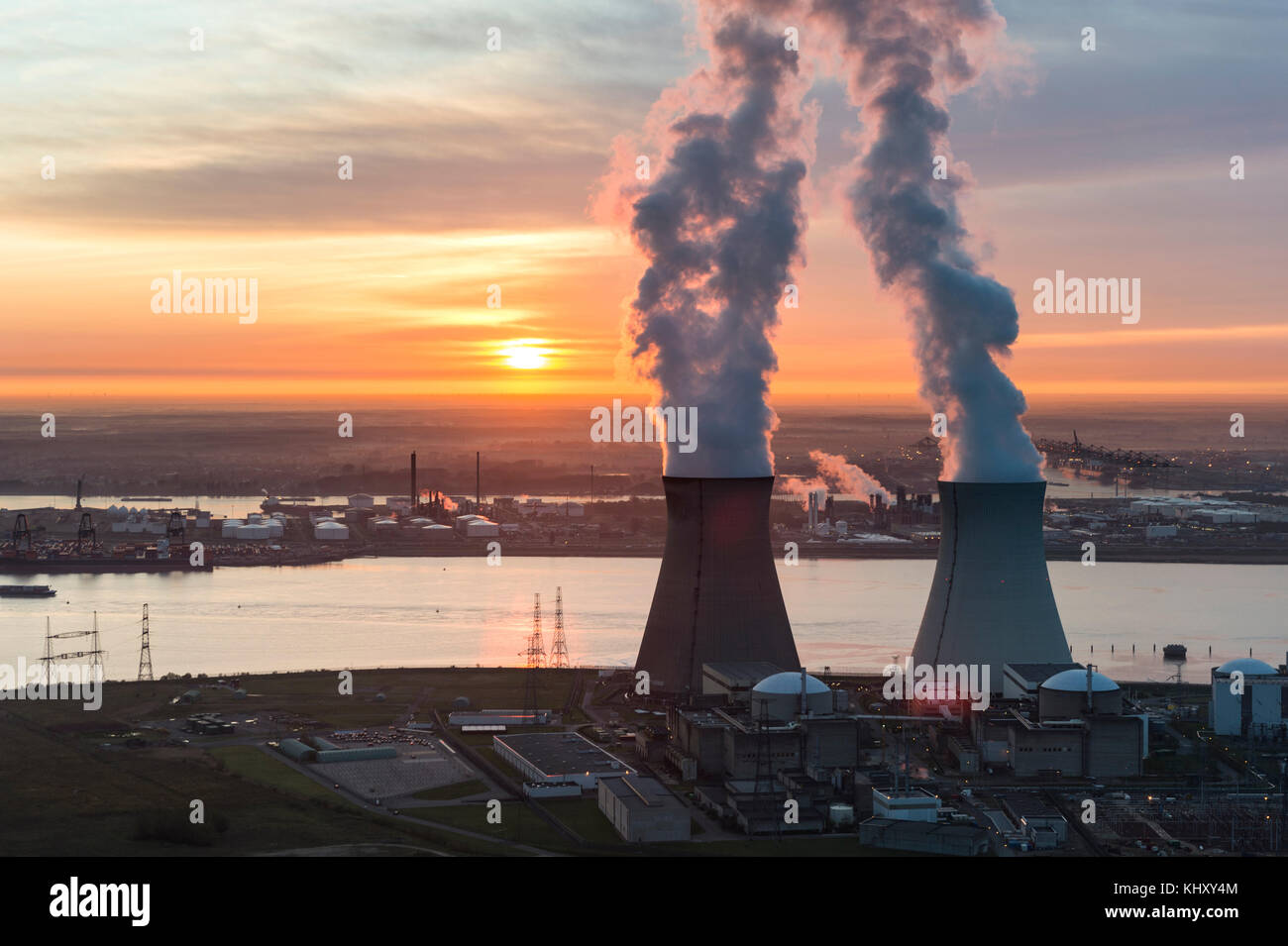 Aerial image of nuclear plant of Doel Stock Photo