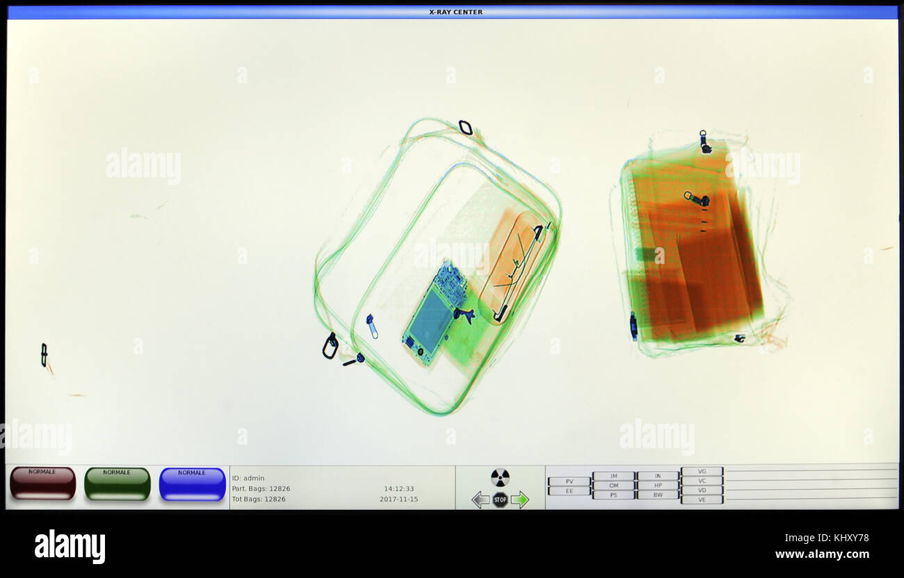 screenshot from an airport xray luggage security scanner Stock Photo