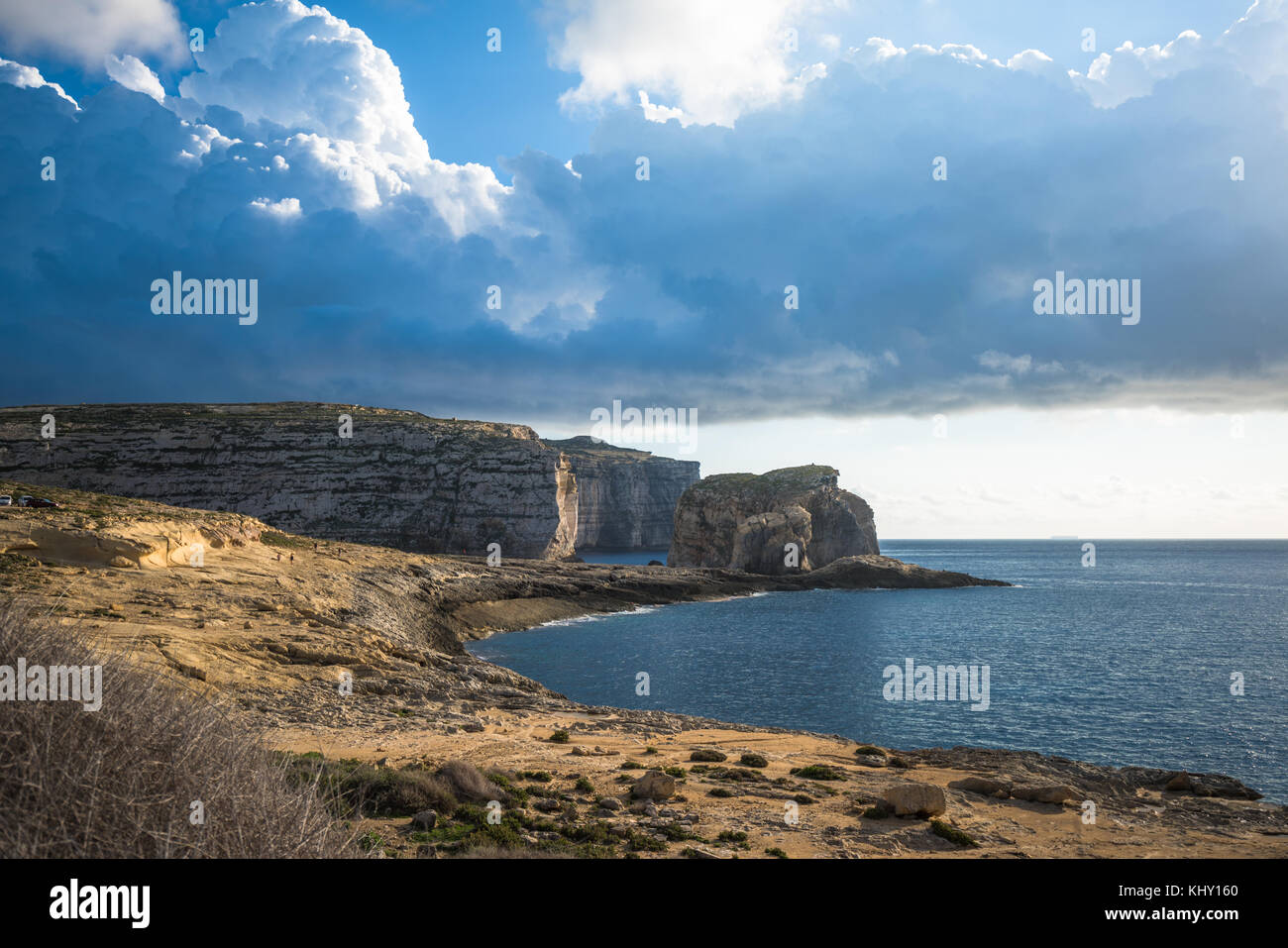 Panoramic view of Dwejra bay with Fungus Rock, Gozo, Malta Stock Photo