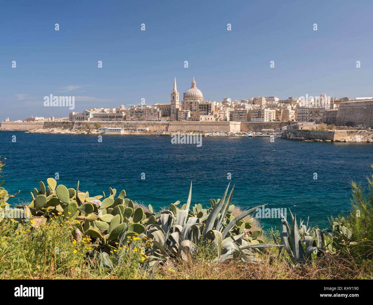 view of the maltese capital of valletta as viewed from manouelle island in sliema bay Stock Photo
