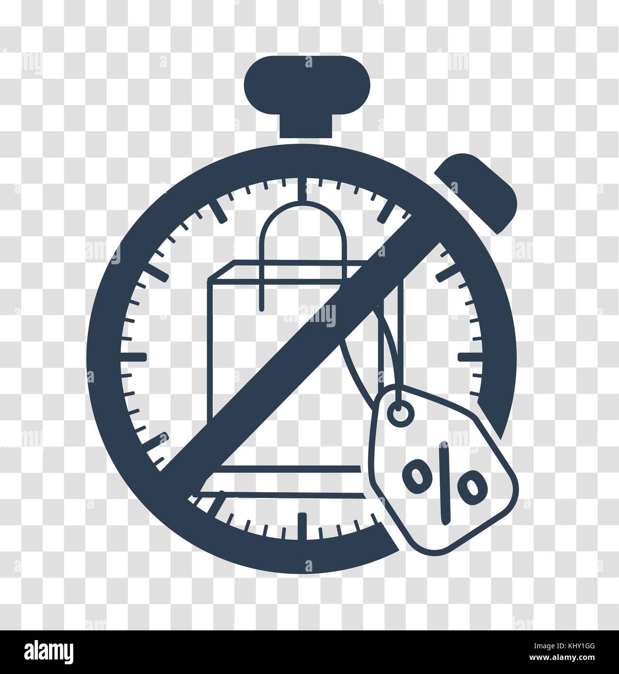 concept of refusing purchases during the day in the form of a package with discounts, sale in the prohibiting sign. Icon, silhouette in the linear sty Stock Vector