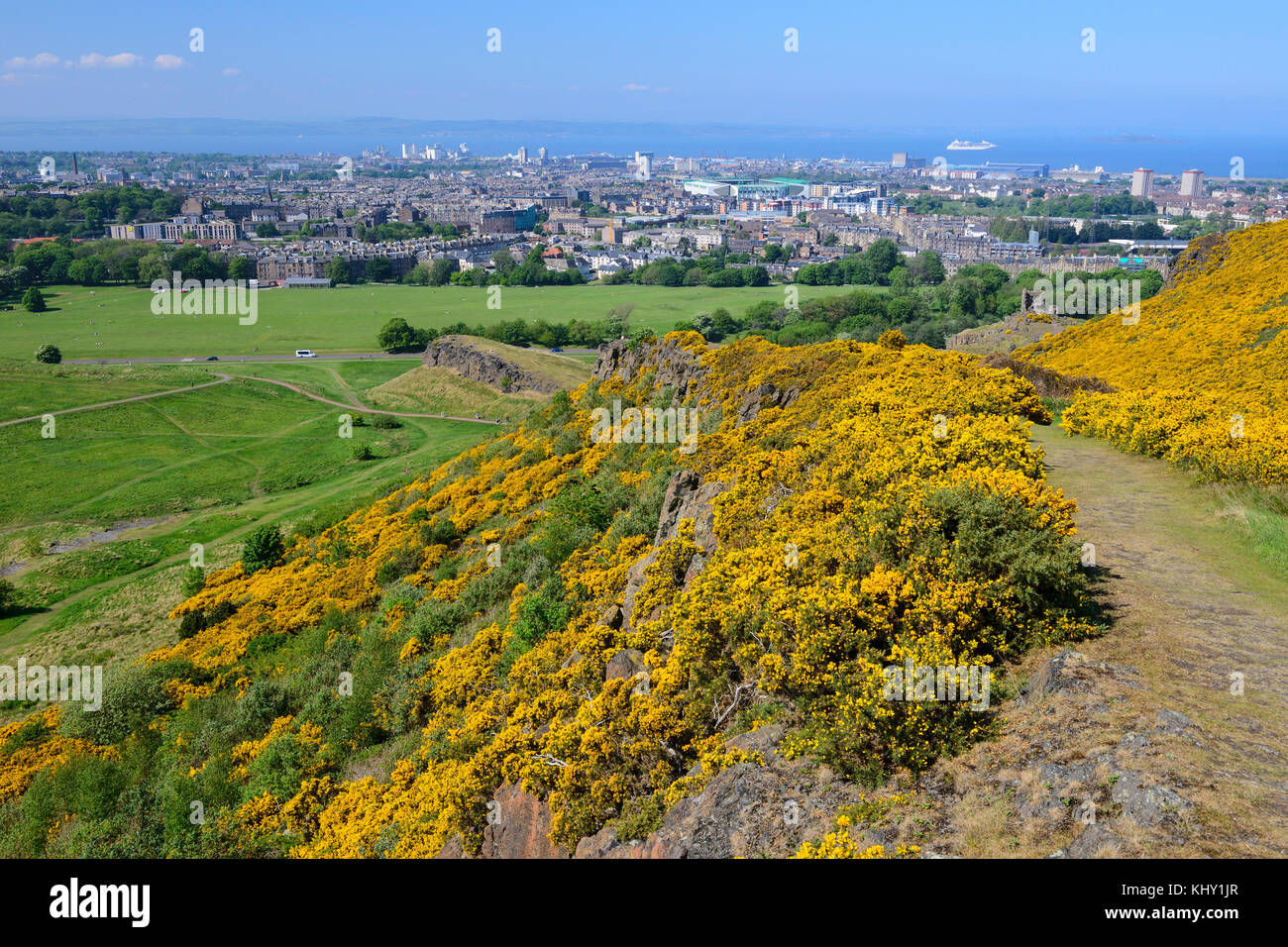 View from Arthur's Seat down Whinny Hill to Holyrood Park, Edinburgh, Scotland Stock Photo