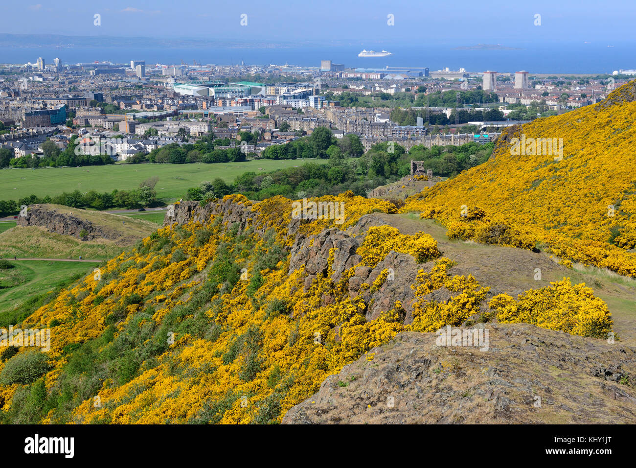 View from Arthur's Seat down Whinny Hill to Holyrood Park, Edinburgh, Scotland Stock Photo