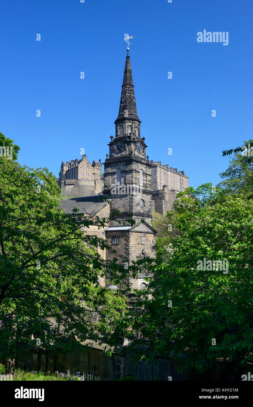 Spire of Parish Church of St Cuthbert, with Edinburgh Castle in
