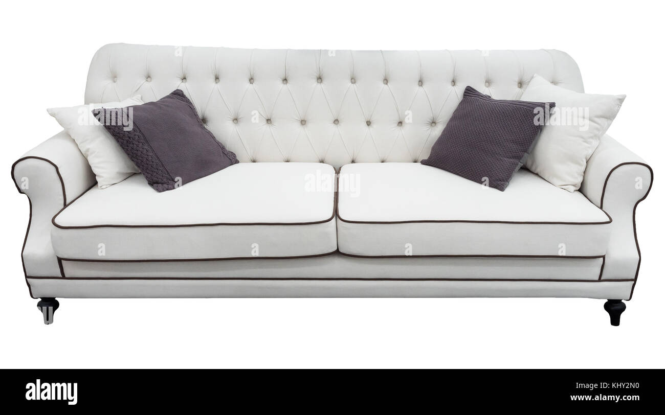 White sofa with pillows. Soft couch. Isolated background. classic divan