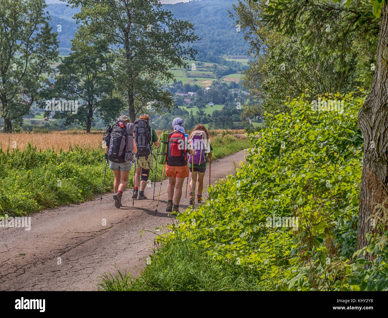 Tourists on the trail in the mountains. Low Beskid Stock Photo
