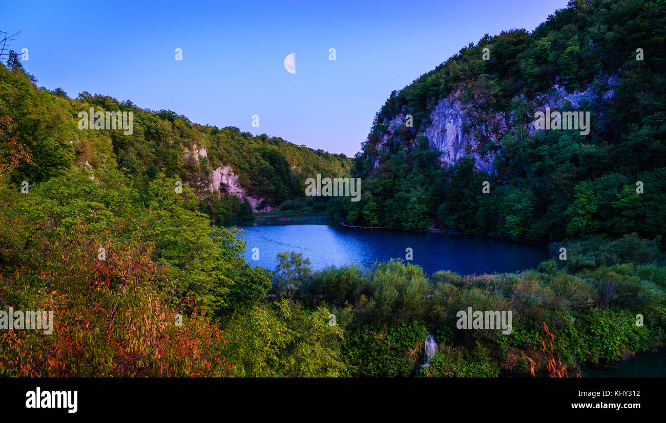 Lower lakes in Plitvice Lakes National Park after sunset Stock Photo