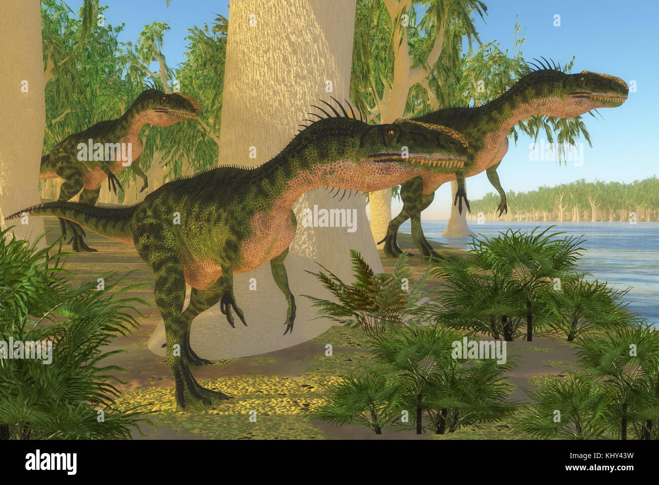 Monolophosaurus Dinosaurs - A group of Monolophosaurus dinosaurs come to a shore to drink and watch for prey in the Jurassic Period. Stock Photo