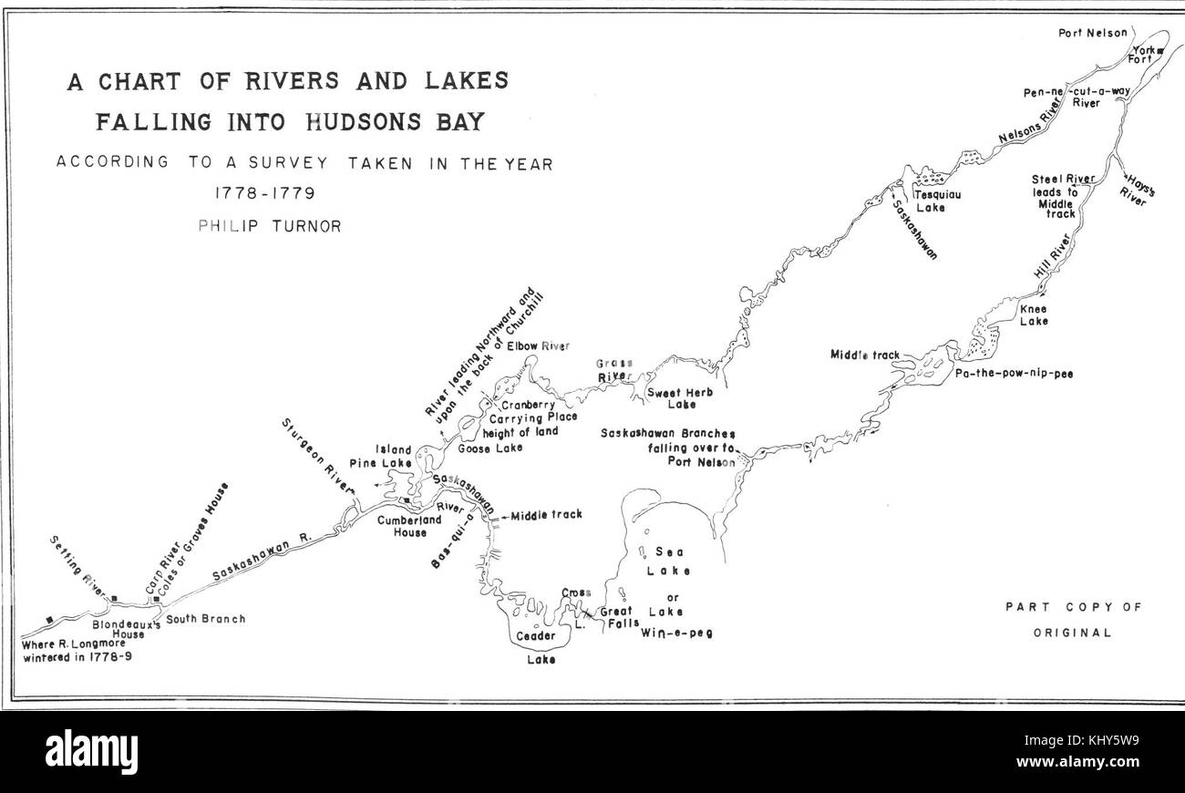 A Chart of Rivers and Lakes Falling into Hudsons Bay According to a Survey take in the Years 1778 & 9 (Philip Turnor 1778-1779) Stock Photo