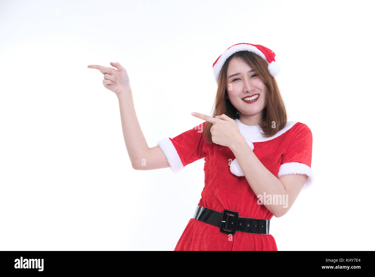 portrait of asian woman in santa claus dress on white background ...