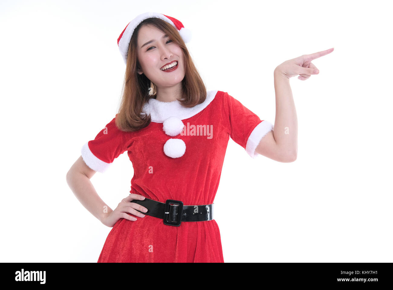 portrait of asian woman in santa claus dress on white background ...