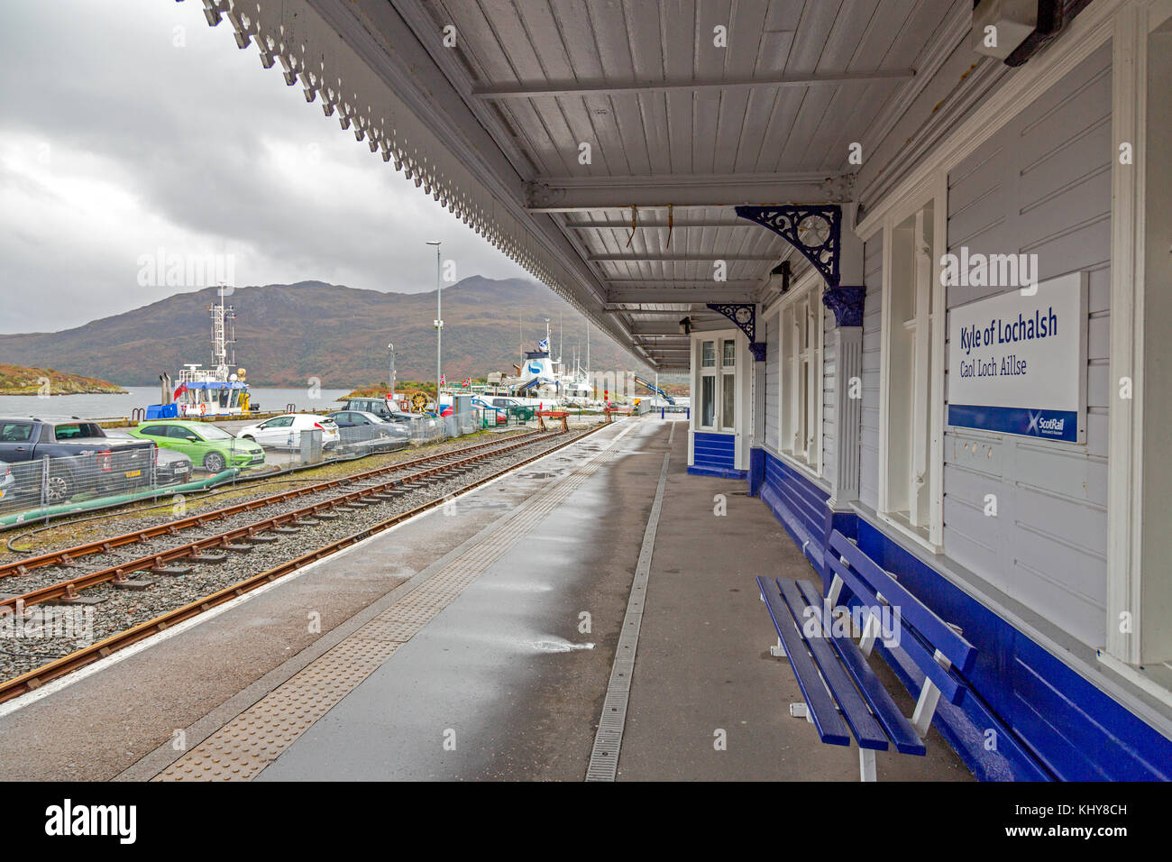 The end of the line - Kyle of Lochalsh railway station terminus is on the quayside in the west coast town, Highland, Scotland, UK Stock Photo