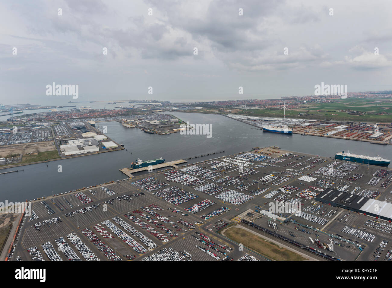 Aerial image of car carrier terminal Gefco Benelux at Port of Zeebrugge Stock Photo