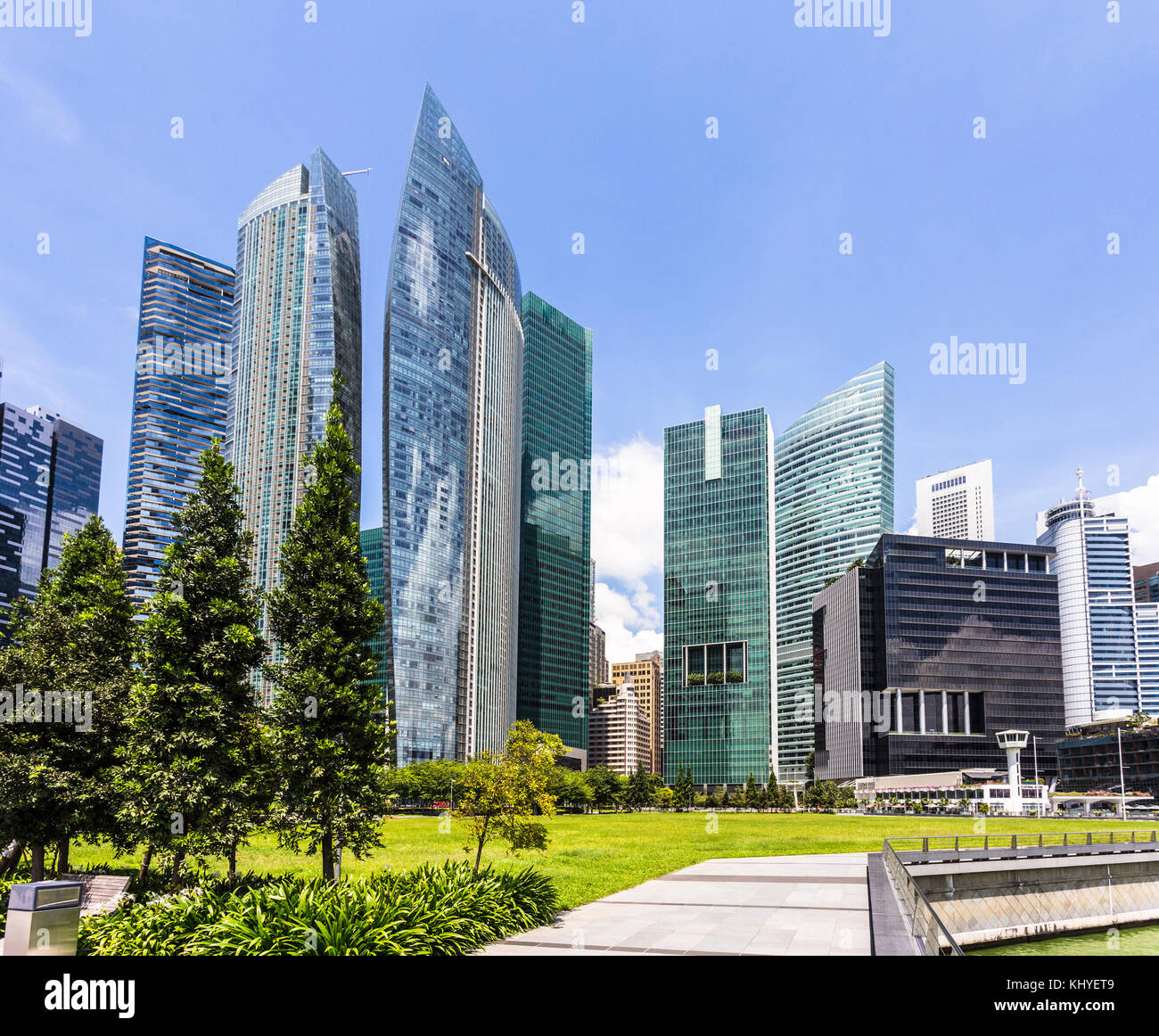 Singapore famous financial district skyline view from the Marina bay on a sunny day in Singapore