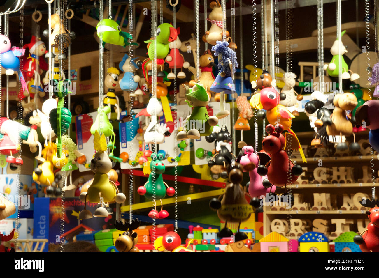 Wooden toys for children at the Cologne Cathedral Christmas Market. Stock Photo