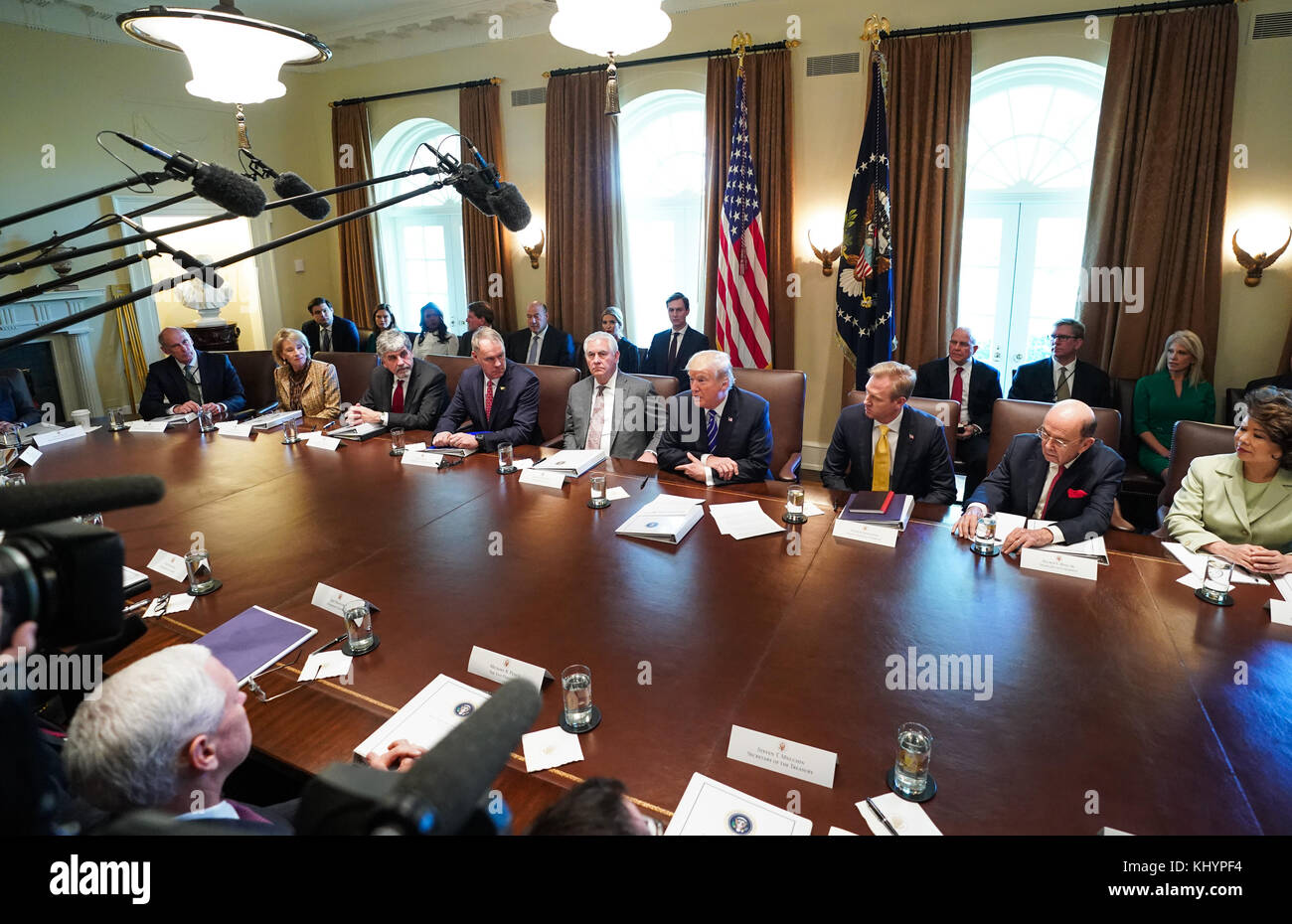 United States President Donald J. Trump speaks to the media during a ...