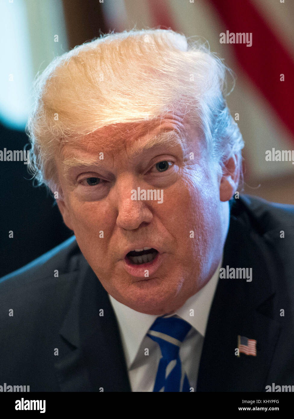 United States President Donald J Trump Speaks To The Media During A