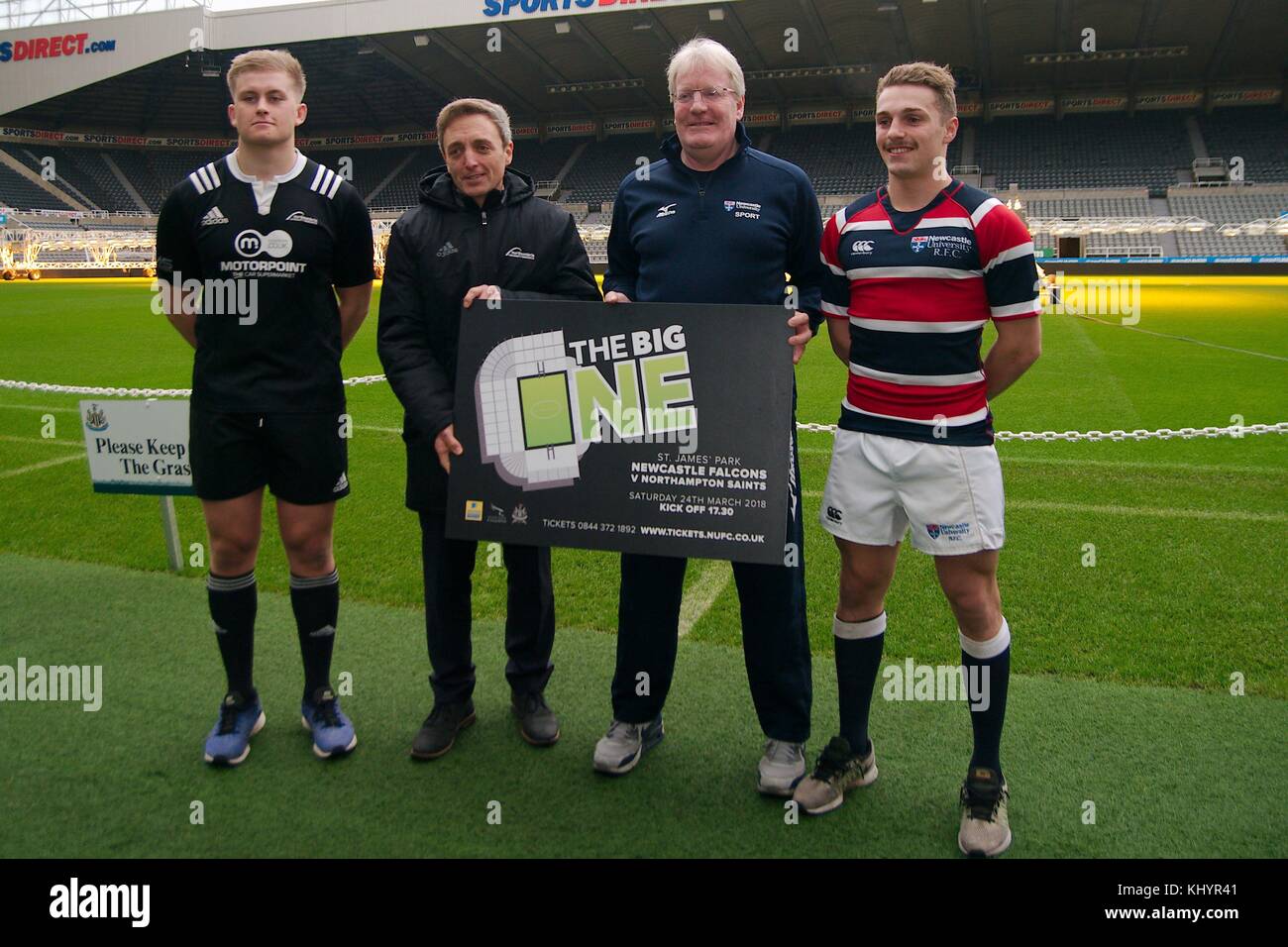 Newcastle upon Tyne, England, 21 November 2017 Olli Robinson, Colin Stromsoy Northumbria University, Matthew Carter, Daniel Nutton, Newcastle University, pitch side at St James Park during the press conference to announce The Big One, a day of rugby featuring Northumbria University playing Newcastle University followed by Newcastle Falcons against Northampton Saints in the Aviva Premiership at St James Park in March 2018. Credit: Colin Edwards/Alamy Live News. Stock Photo