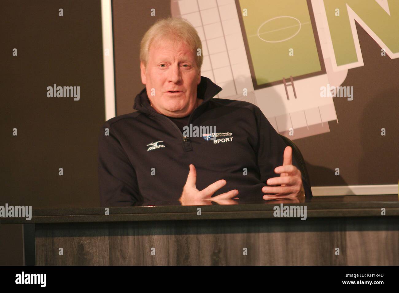 Newcastle upon Tyne, England, 21 November 2017. Matthew Carter, Director of Rugby, Newcastle University speaking at the press conference to announce The Big One, a day of rugby featuring Northumbria University playing Newcastle University followed by Newcastle Falcons against Northampton Saints in the Aviva Premiership at St James Park in March 2018. Credit: Colin Edwards/Alamy Live News. Stock Photo