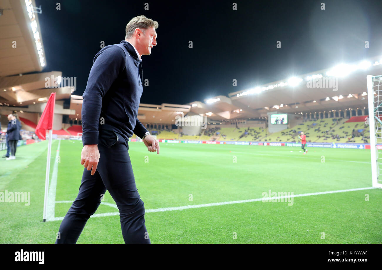 Leipzig's coach Ralph Hasenhuettl walks across the turf prior to the
