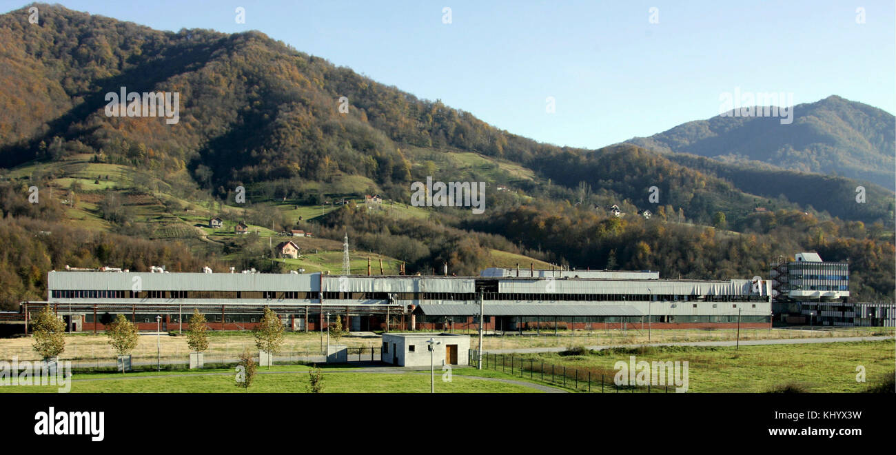 An old battery factory, the former headquarters for teh Dutch UN troops, pictured in Potocari, Bosnia and Herzegovina, 15 November 2006. Srebrenica is located at the border to Serbia. The city's number of inhabitants went down to 21,000, mostly Serbs and Serbian refugees from the Bosnian-Croatian Federation. The city set the sad scene for the massacre in July 1995, when Bosnian Serbs under the commando of General Ratko Mladic invaded the city and slaughtered all male persons they could get hold of under the eyes of Dutch UN troops. Photo: Matthias Schrader | usage worldwide Stock Photo