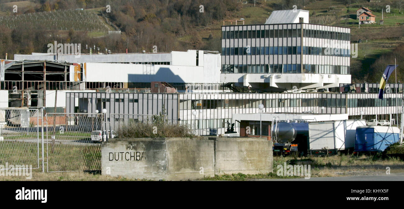 An old battery factory, the former headquarters for teh Dutch UN troops, pictured in Potocari, Bosnia and Herzegovina, 15 November 2006. Srebrenica is located at the border to Serbia. The city's number of inhabitants went down to 21,000, mostly Serbs and Serbian refugees from the Bosnian-Croatian Federation. The city set the sad scene for the massacre in July 1995, when Bosnian Serbs under the commando of General Ratko Mladic invaded the city and slaughtered all male persons they could get hold of under the eyes of Dutch UN troops. Photo: Matthias Schrader | usage worldwide Stock Photo