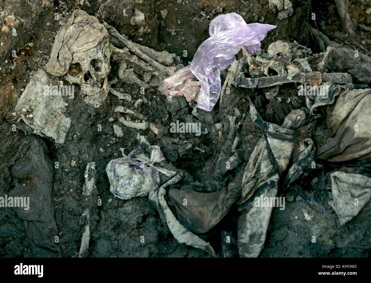 A picture shows mortal remains in a common grave in Snagovo near Zvornik, Bosnia and Herzegovina, 15 November 2006. Zvornik is located near Srebrenica at the border to Serbia. The city's number of inhabitants went down to 21,000, mostly Serbs and Serbian refugees from the Bosnian-Croatian Federation. The city set the sad scene for the massacre in July 1995, when Bosnian Serbs under the commando of General Ratko Mladic invaded the city and slaughtered all male persons they could get hold of under the eyes of Dutch UN troops. Photo: Matthias Schrader | usage worldwide Stock Photo