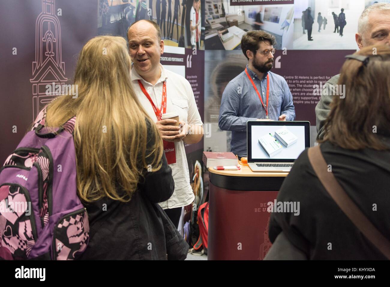 Manchester, UK. 22nd November 2017. UCAS Higher Education Event. Manchester Central Convention Complex.  Thousands of prospective students from across the country attend day of the annual Creative Arts UCAS H.E. event to discuss options with the various Universities and Colleges that are exhibiting. Stock Photo
