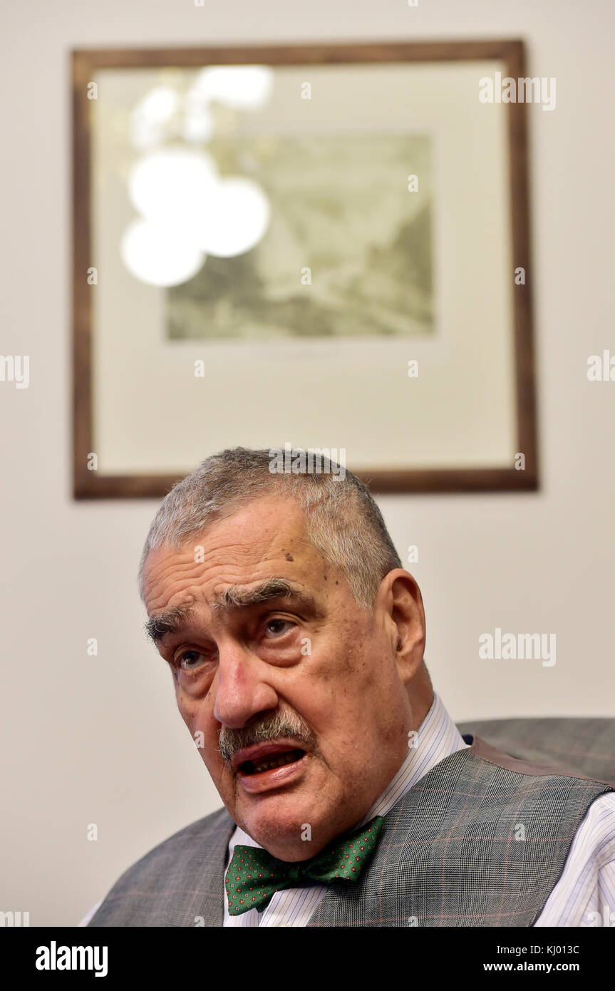 Karel Schwarzenberg, TOP 09 honorary chairman, former foreign minister and senator speaks during an interview with The Czech New Agency (CTK) in Prague, Czech Republic, November 22, 2017. Schwarzenberg criticised Czech President Milos Zeman for his statements during his ongoing visit to Russia. He also rejected Zeman's assurance that he is not leading any campaign for his re-election as head of state, pointing to his tours of the regions. In reaction to the speculations that emerged about Zeman's poor health of late, Schwarzenberg said he hoped this would influence voters' decision-making in t Stock Photo