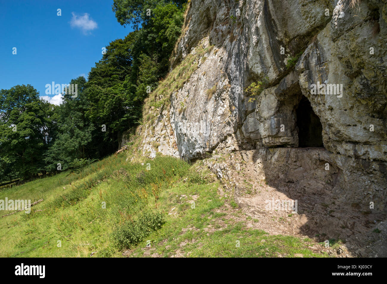 Small cave in a limestone cliff in Beresford Dale near Hartington, Peak District, England. Stock Photo