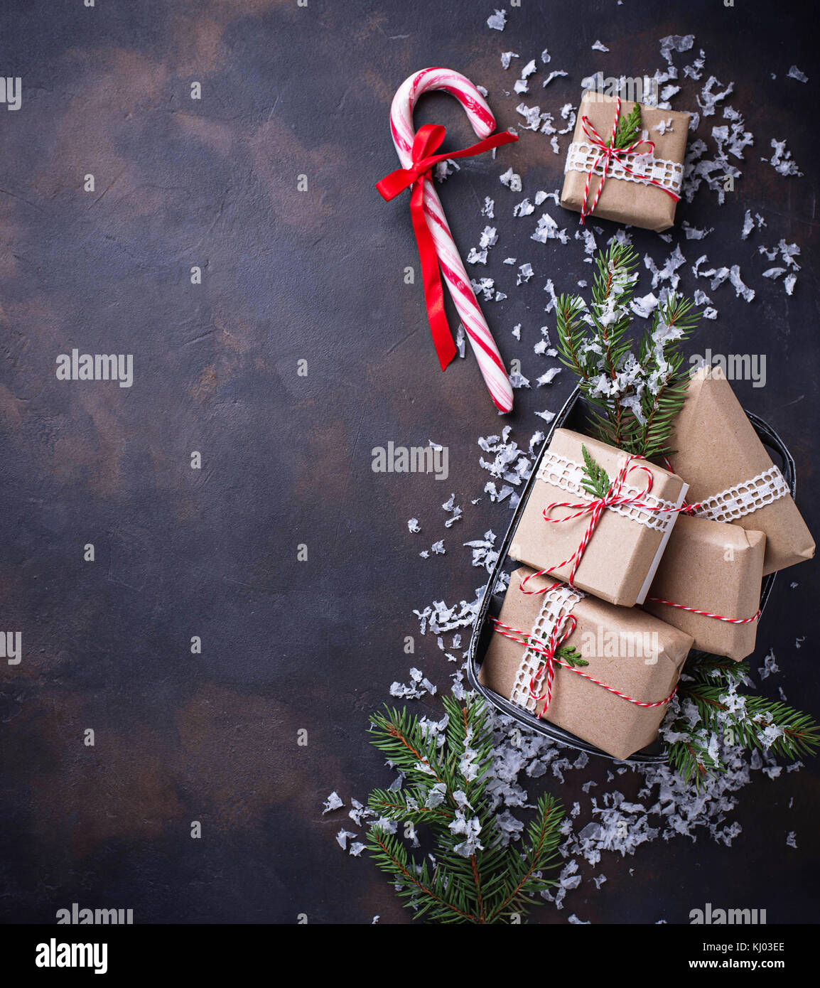 Christmas gift boxes and candy cane. Festive background. Top view Stock ...