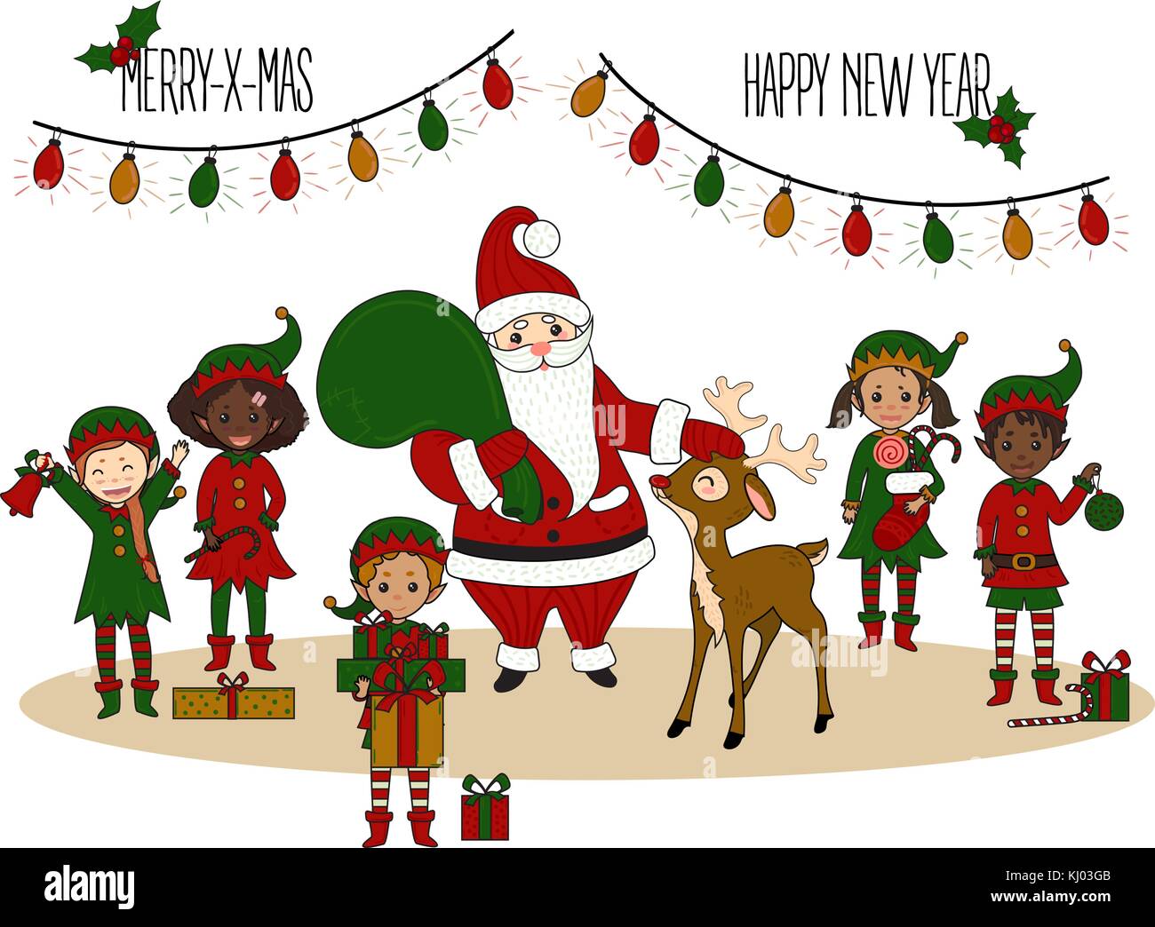 Santa Claus with elves and deer. Christmas Card Stock Vector