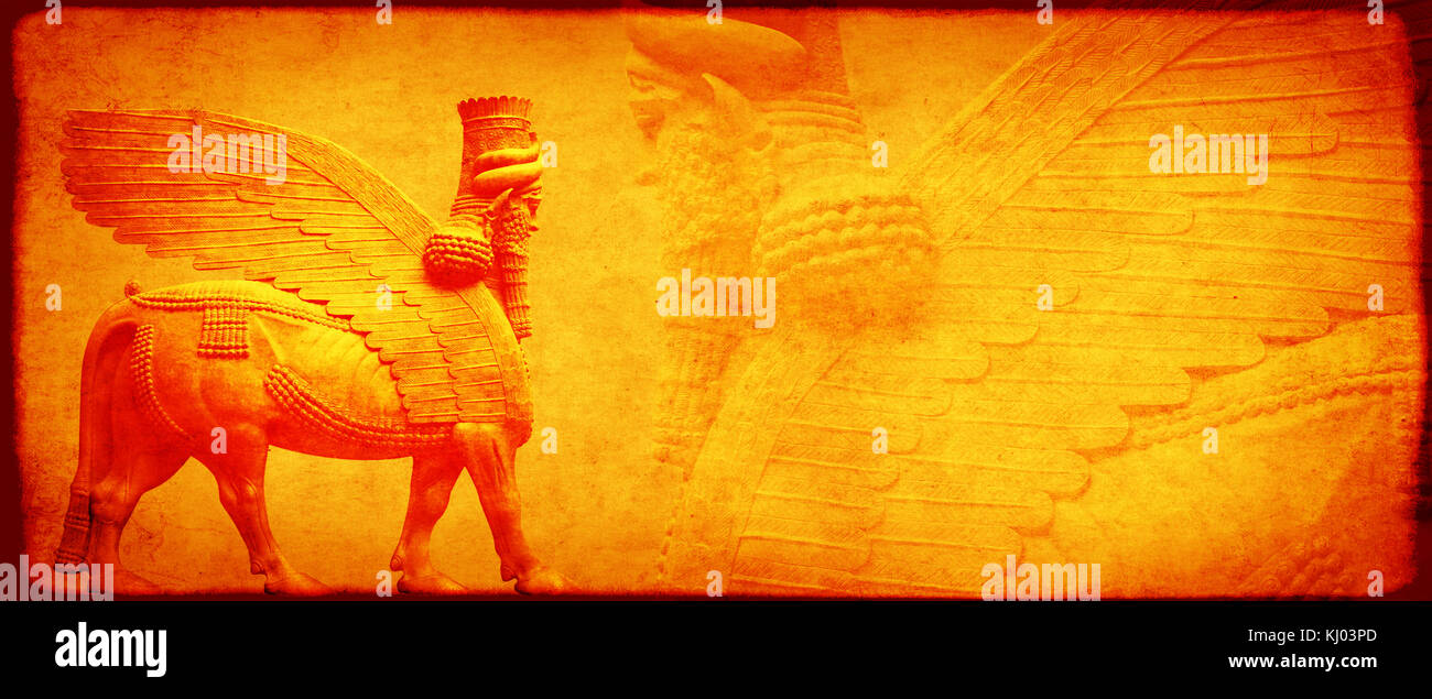 Grunge background with paper texture and lamassu - human-headed winged bull statue, Assyrian protective deity Stock Photo