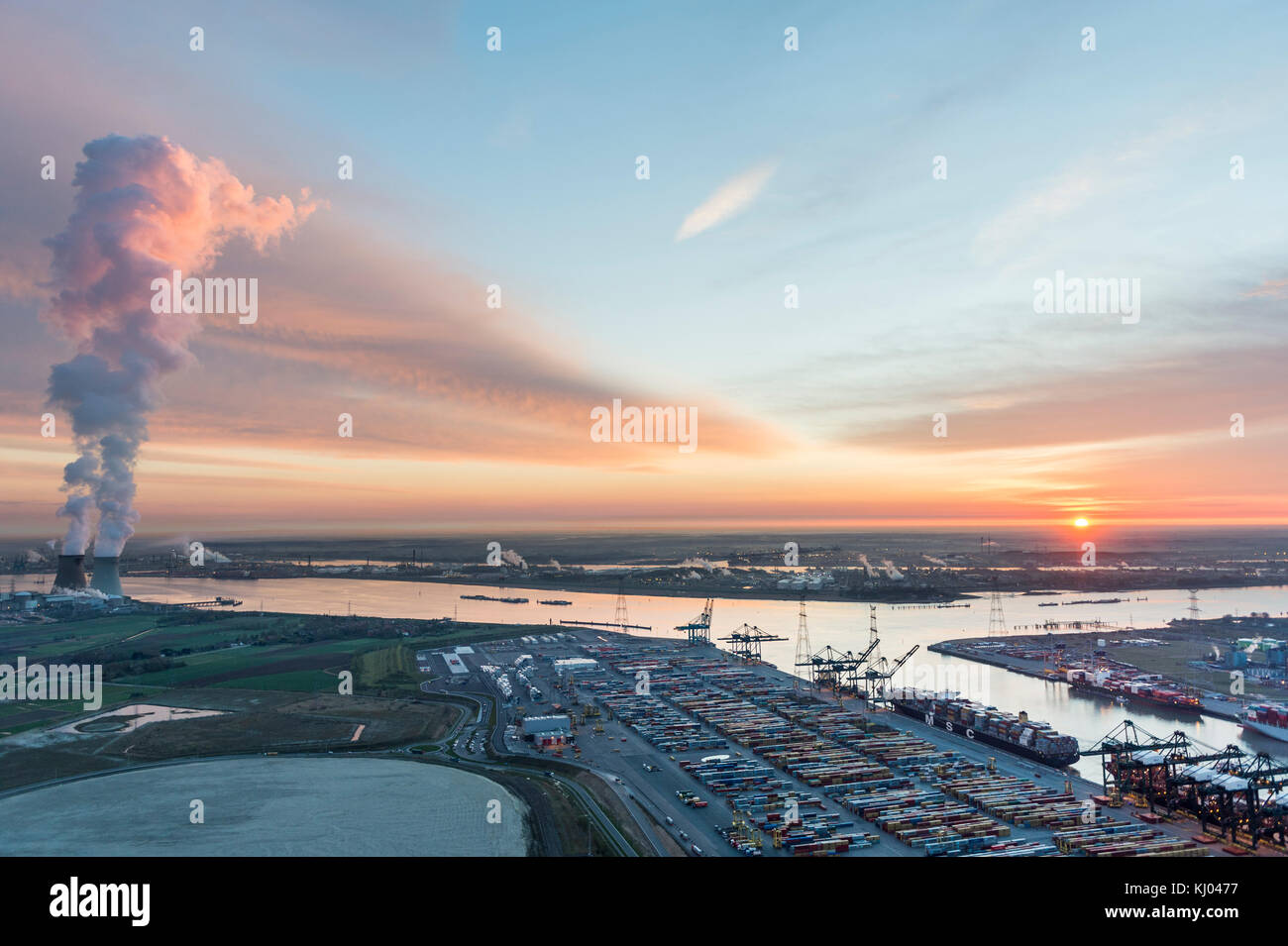 View on nuclear plant of Doel and Deurganck Terminal and MSC Stock Photo