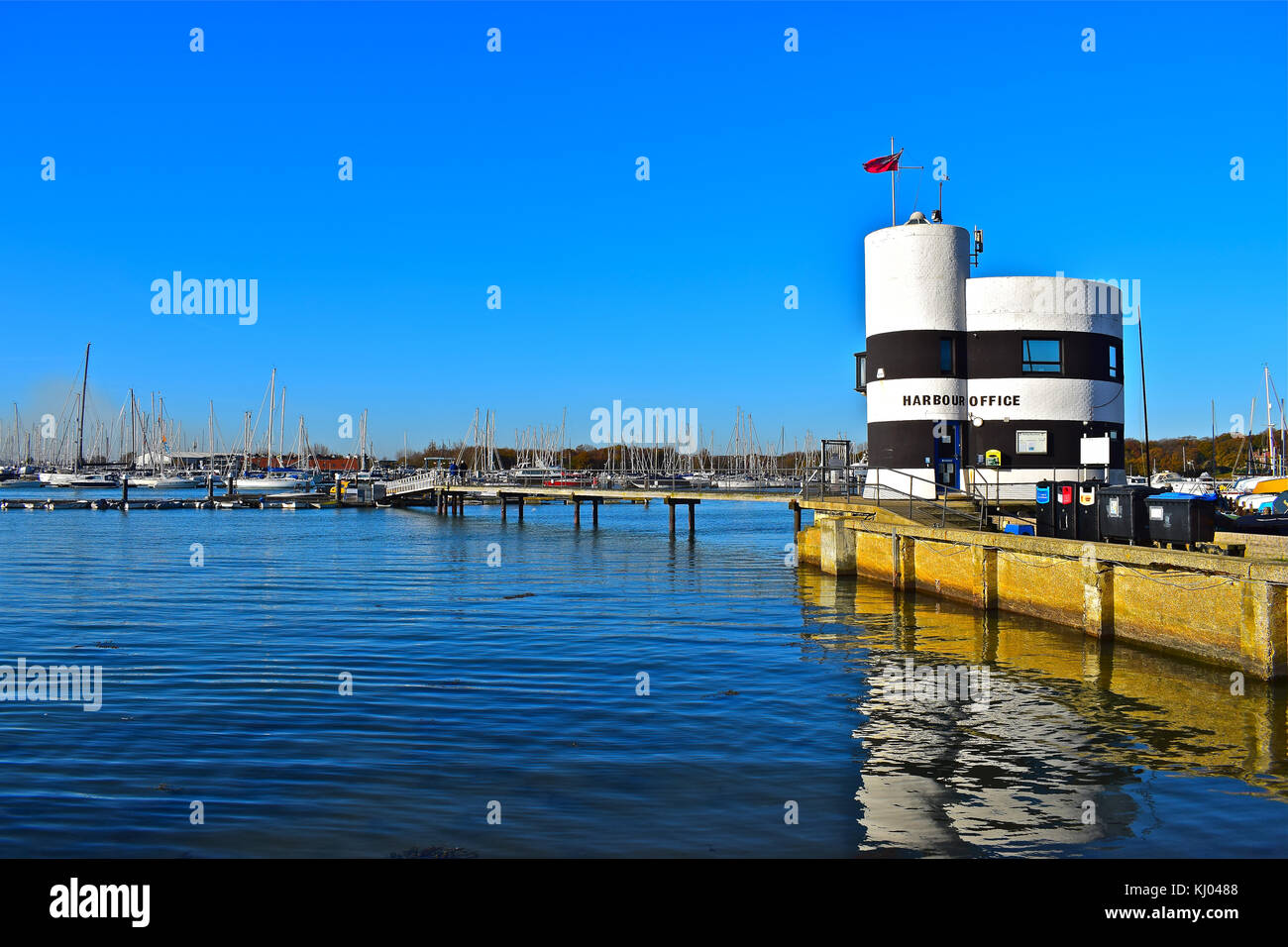 Blue skies and sea dominate this view of the River Hamble Harbourmaster
