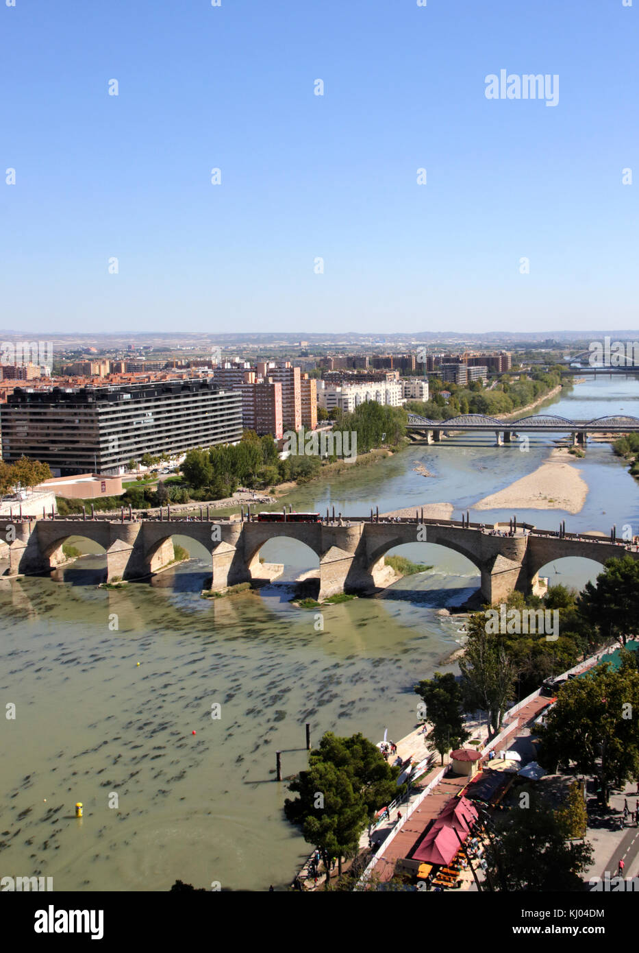 Aerial View of Puente de Piedra Stone Bridge across Ebro River Zaragoza Spain Stock Photo