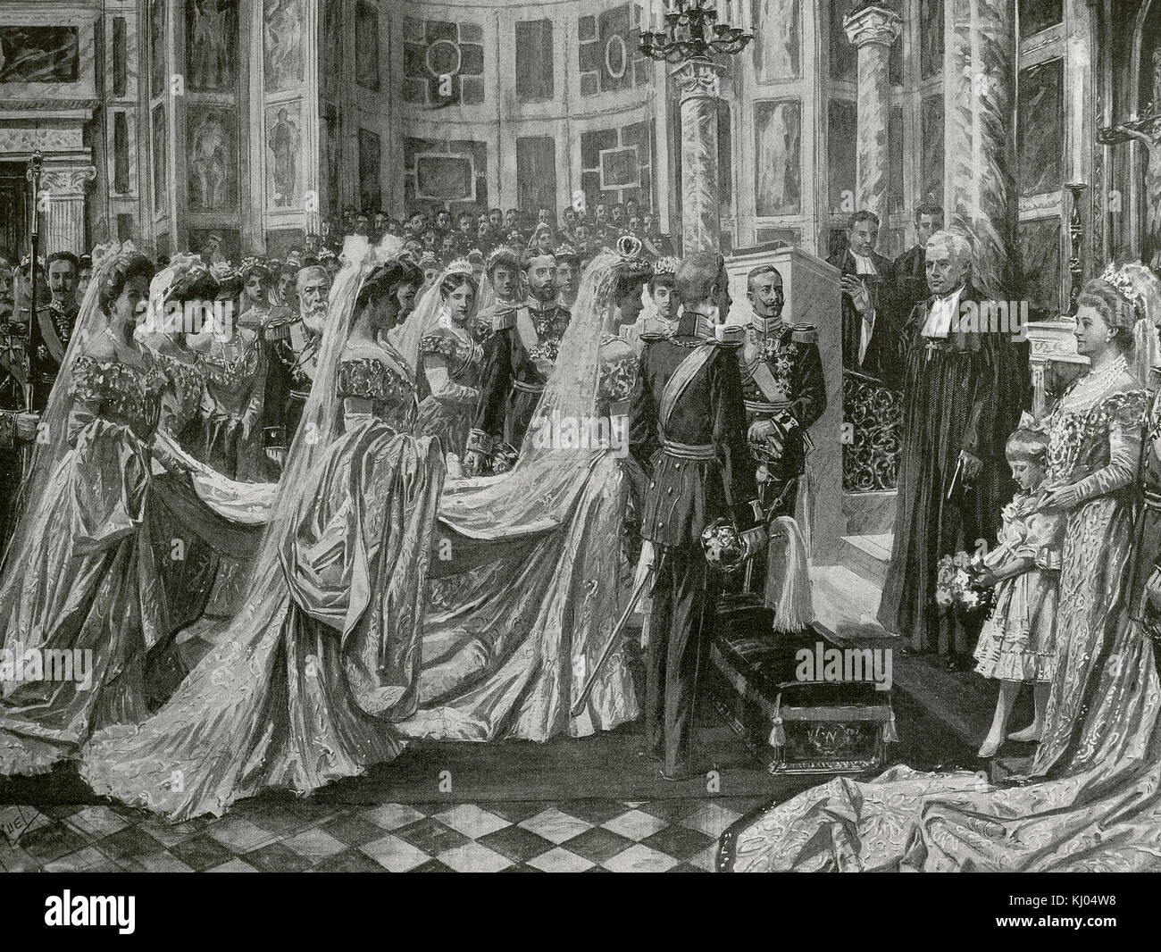 Wilhelm, German Crown Prince (1882-1951), the last  Crown Prince of the German Empire and the Kingdom of Prussia. Wedding of Wilhelm of Prussia with the Duchess Cecilia of Mecklenburg-Schwerin (1886-1954), held on June 6, 1905 in the chapel of the castle of Berlin, with the presence of his father, the German Emperor Wilhelm II (1859-1941). Engraving.'L'Illustration'. Stock Photo