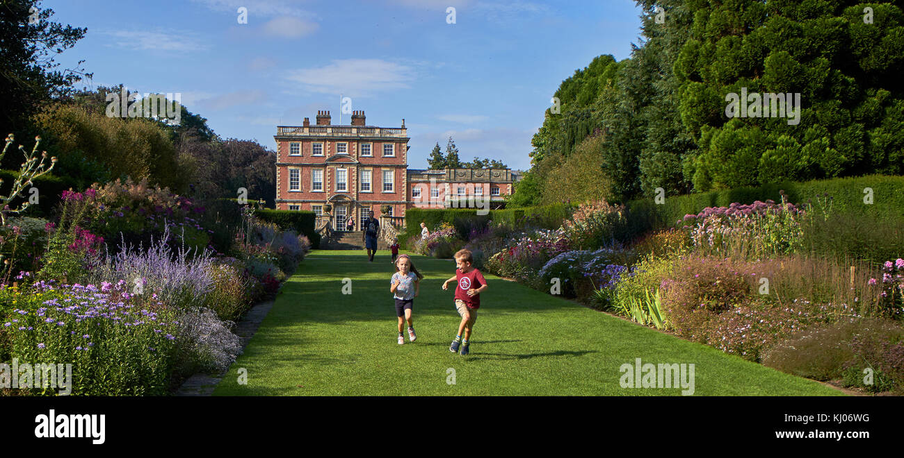 A wide avenue flanked by herbacous borders leads up to Newby Hall, Yorkshire, England, United Kingdom, Europe; ,Ripon area, Stock Photo