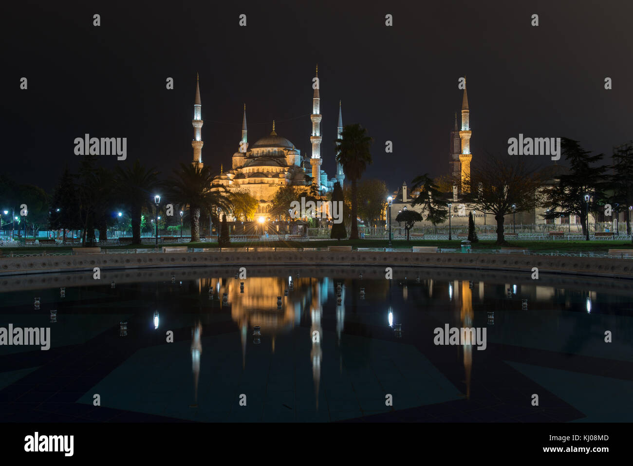 Blue Mosque in Istanbul at night with its reflection. Also know as the ...