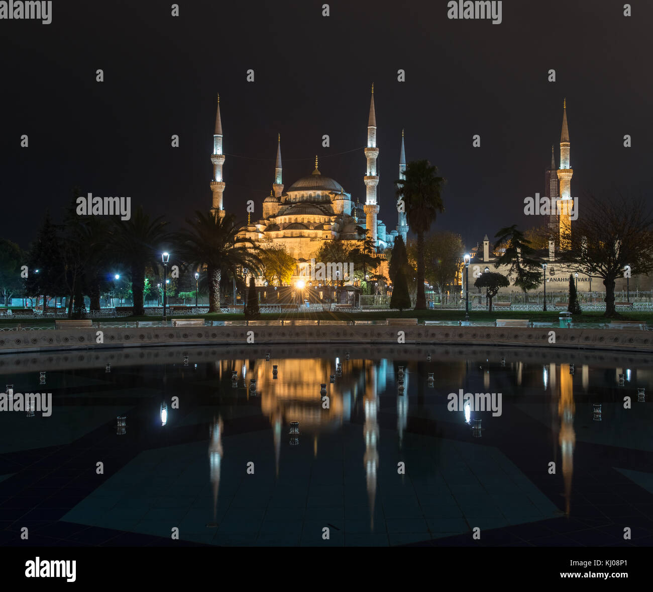Blue Mosque in Istanbul at night with its reflection. Also know as the ...