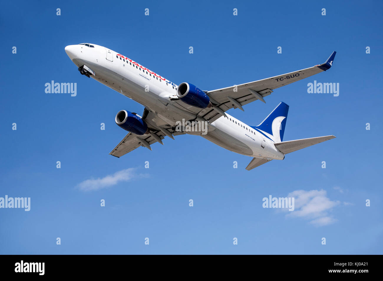 CHISINAU, MOLDOVA, 19.08.2014: Image of AnadoluJet, Turkish Airlaines  passenger airliner landing at Chisinau Airport on 19.08.2014 Stock Photo